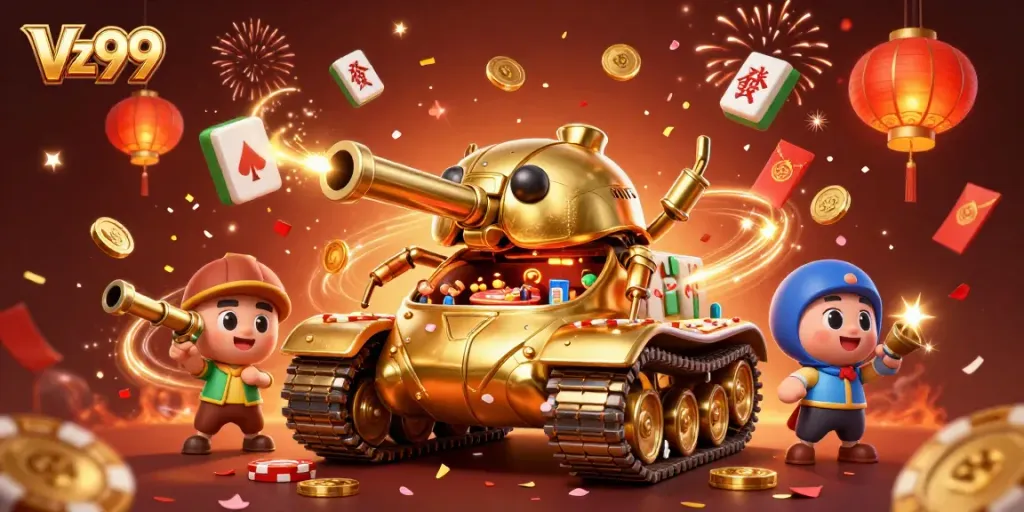 Experience the excitement of Vz99 with a vibrant casino adventure in a golden beetle tank illustration.