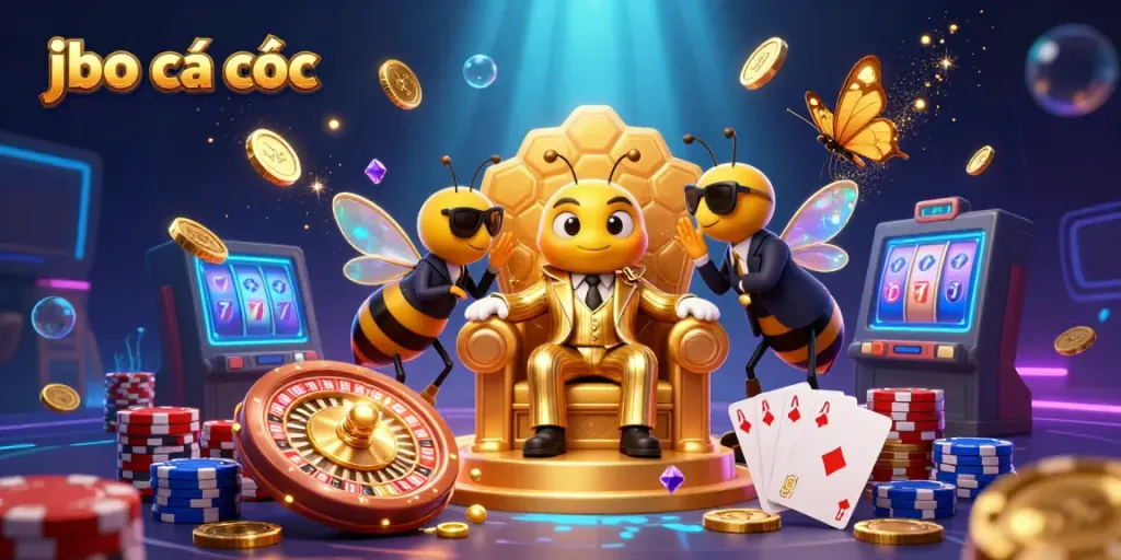 Engage in jbo cá cược with a vibrant scene showcasing a cartoon bee mob boss and dynamic casino elements.