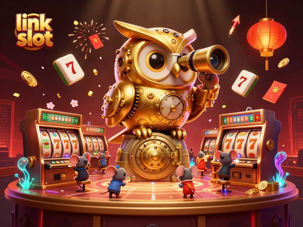 Experience the excitement of link slot games with captivating 3D illustrations of owls and mice on a casino floor.