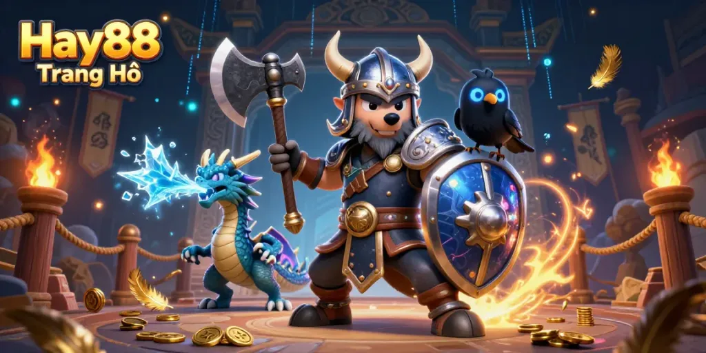 Engaging dynamic scene at Hay88 Trang Chủ featuring a Viking wolf warrior, ice-breathing dragon, and gold coins.