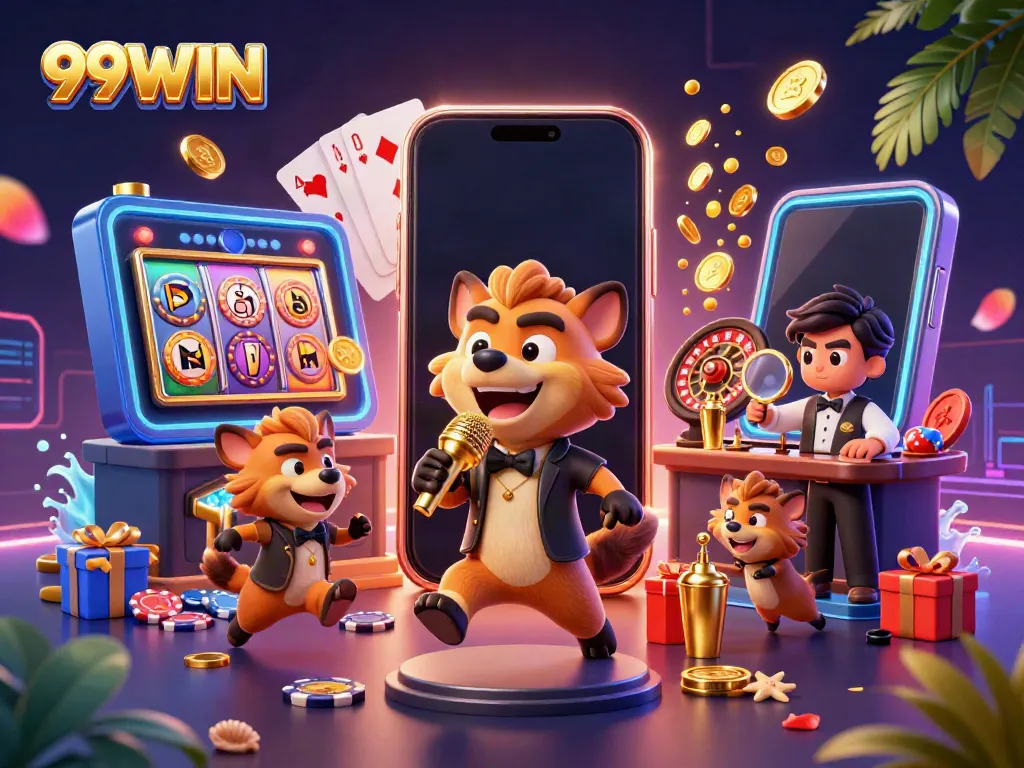 Engage with exciting games at 99WIN's vibrant casino setting featuring hyenas in action.