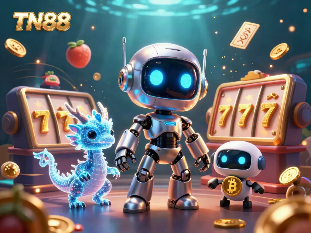 Experience winning thrills at TN88 with dynamic 3D casino robots, slot reels, and golden coins.