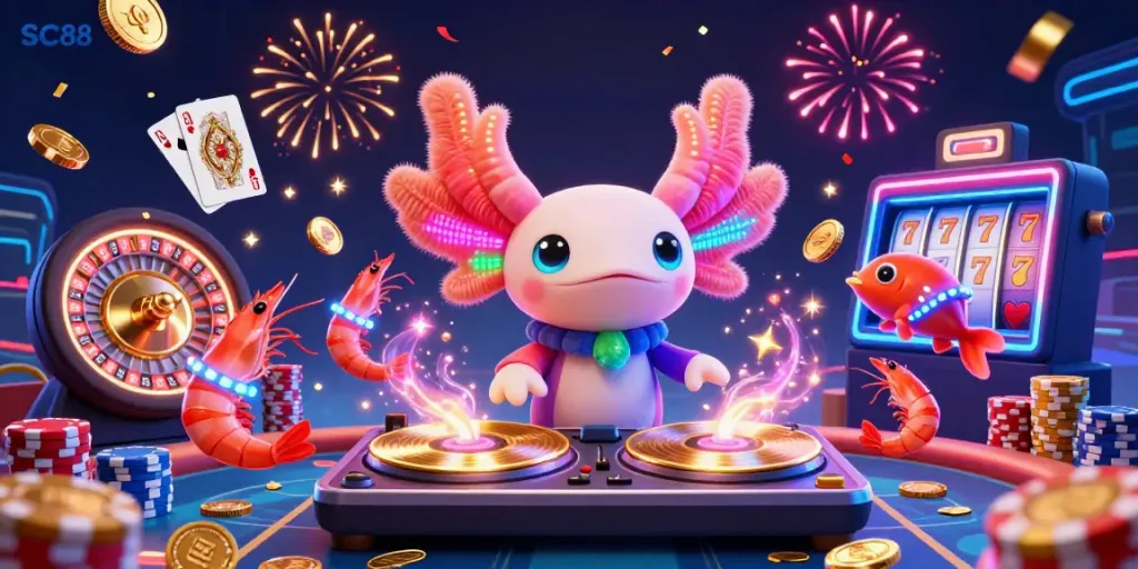 Experience exhilarating SC88 gaming with a neon axolotl DJ, vibrant characters, and dynamic casino elements.