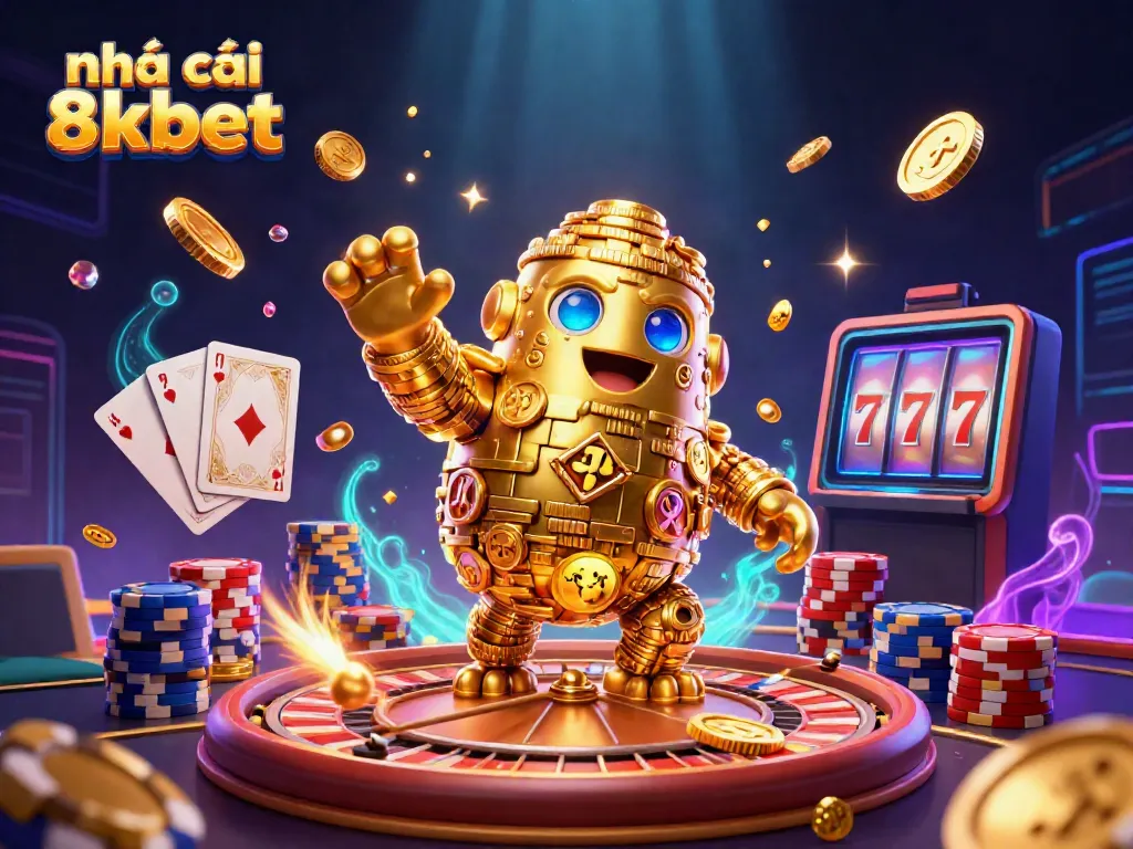 Experience the thrilling action at nhà cái 8kbet with golden coins, slot symbols, and dynamic casino elements