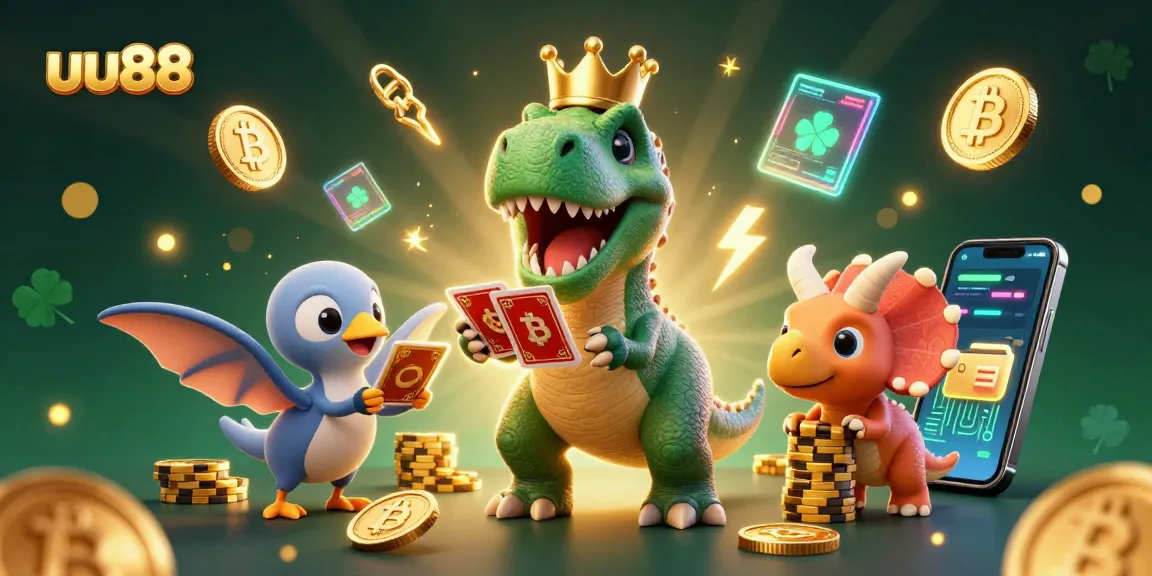 Experience exciting gameplay with uu88 as T-Rex shuffles cards while a baby triceratops stacks chips!