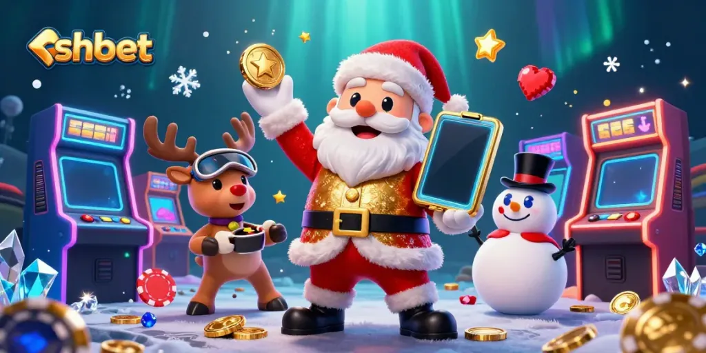 Experience the excitement of shbet with a vibrant 3D casino scene showcasing Santa and friends celebrating jackpots.