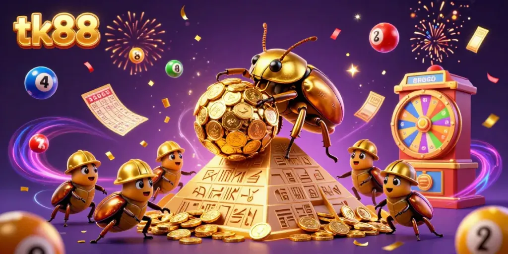 Engage in fun with tk88 lottery and bingo themed 3D illustration full of vibrant colors.