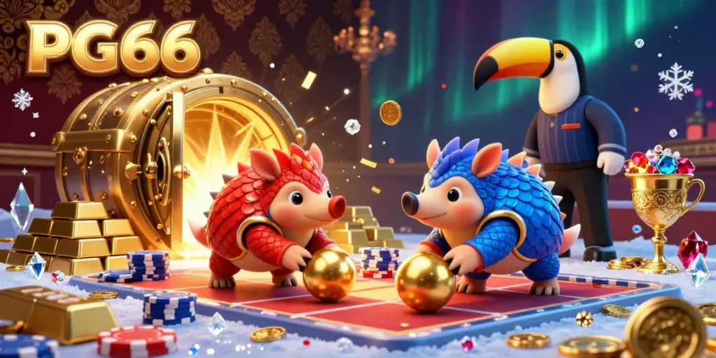Engage in thrilling PG66 gaming with dynamic pangolins bowling through poker chips amidst a gold-lit treasure.