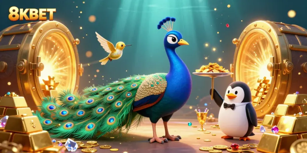 Engage with 8KBET’s vibrant casino scene showcasing a peacock, butler penguin, and gems.