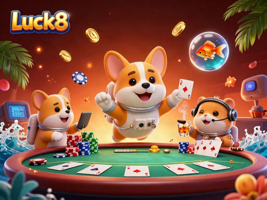 Experience excitement with Luck8 in a dynamic casino scene featuring animated characters and rich gaming elements.