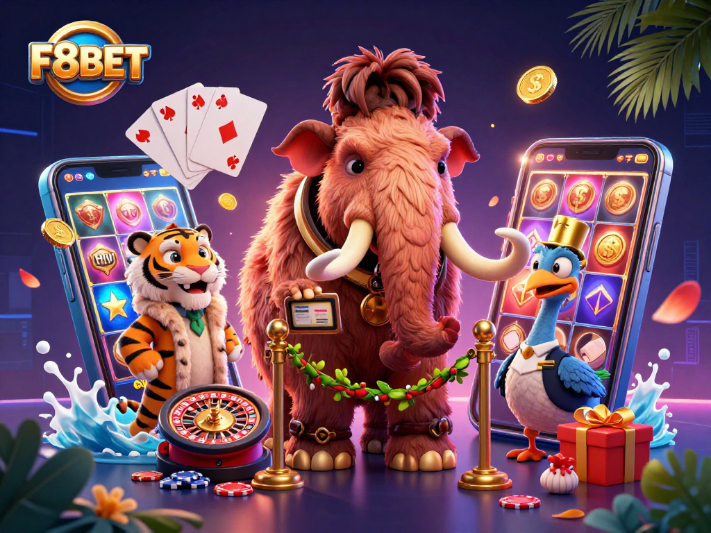 Immerse in F8BET's vibrant casino world with a dynamic scene featuring engaging characters and exciting gaming elements.