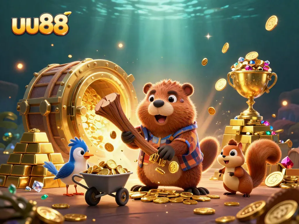 uu88 showcases winning moments with animated beaver collecting gold coins in vibrant casino scene