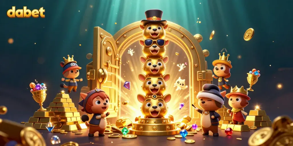Experience the vibrant dabet casino world with 3D totem and dazzling treasures illuminating the scene.