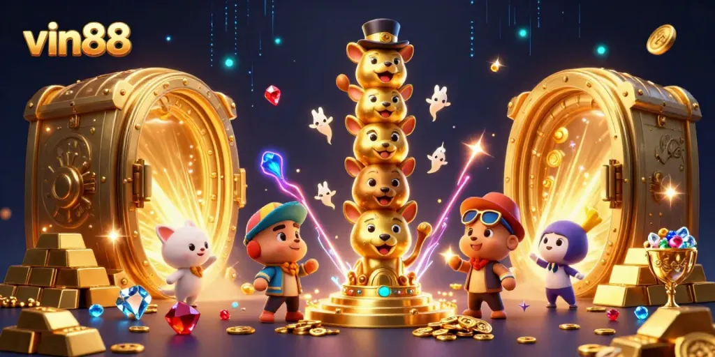 Experience fun with vin88 as a vibrant 3D illustration showcases casino excitement and treasures.
