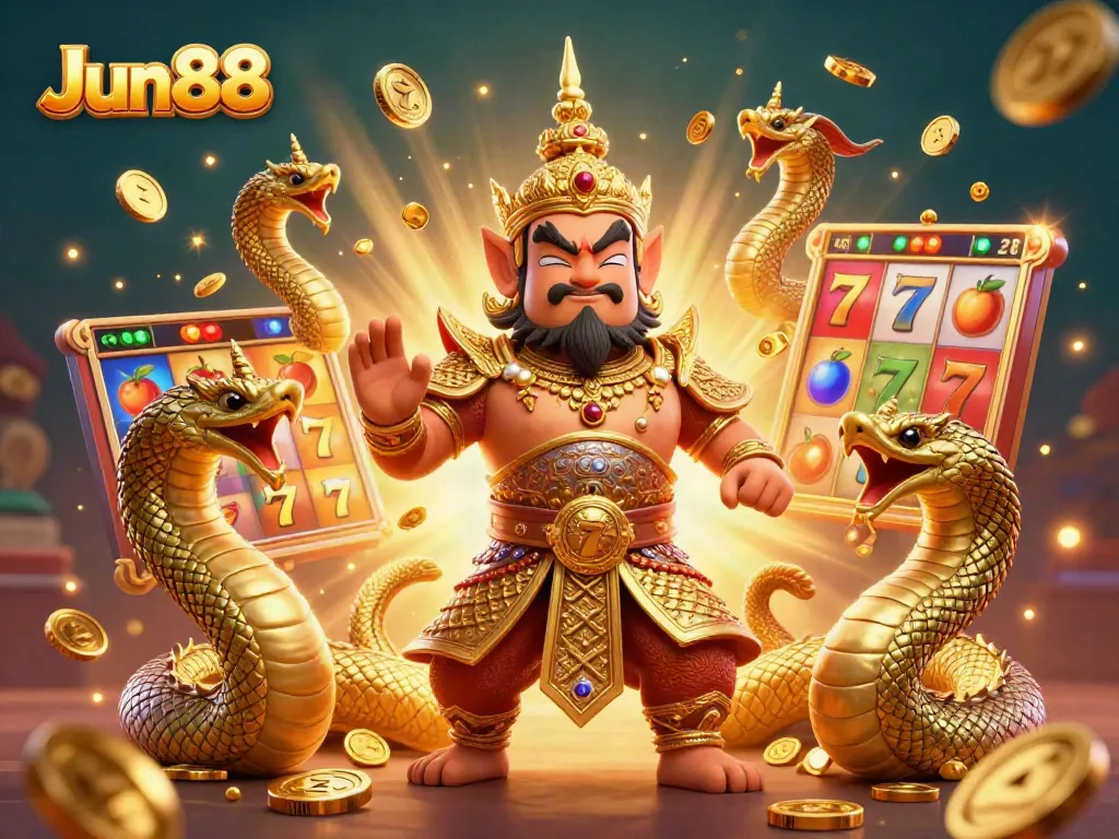 Engage in the excitement of Jun88's online slots with vibrant slot reels, lucky 7s, and golden coins in a casino-themed illustration.