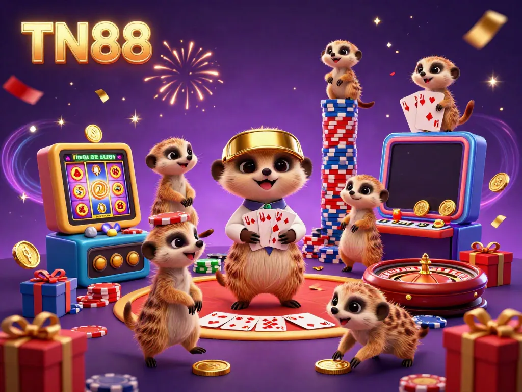 Meerkats manage an exciting casino scene featuring TN88 slot games and celebratory elements.