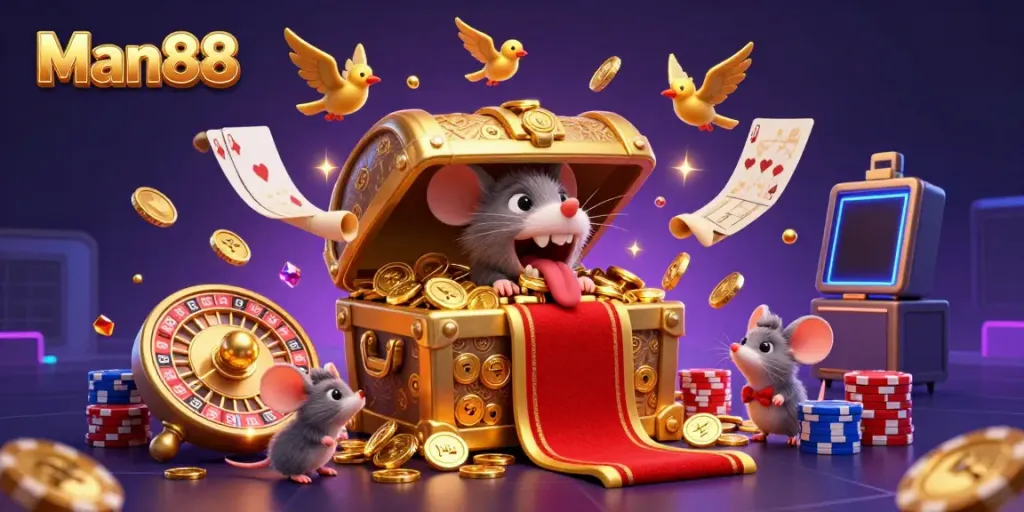 Experience the excitement of Man88 with an enticing treasure chest scene filled with gaming elements and riches.