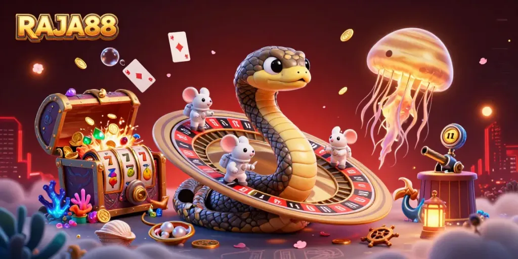 Experience excitement with RAJA88 in a vibrant cosmic casino scene, showcasing betting astronaut mice and a golden jellyfish dealer.