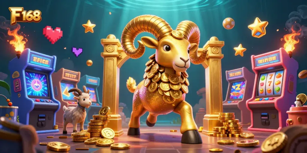 Experience F 168's thrilling slots with a golden ram amidst vibrant gaming elements.