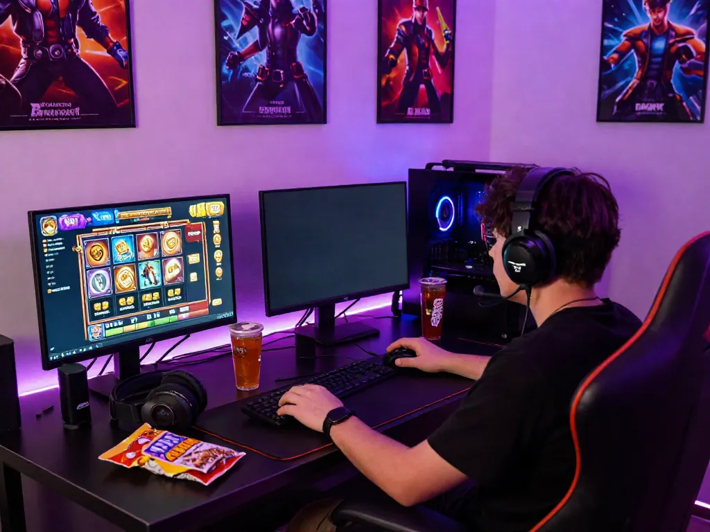 Player enjoying a slot gacor gaming session at a stylish desk with bright LED lights.
