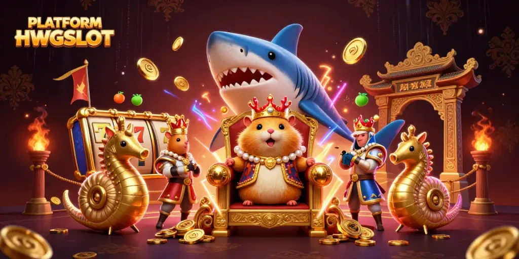 Engage with PLATFORM HWGSLOT's vibrant gambling experience featuring animated characters and dynamic game scenes.