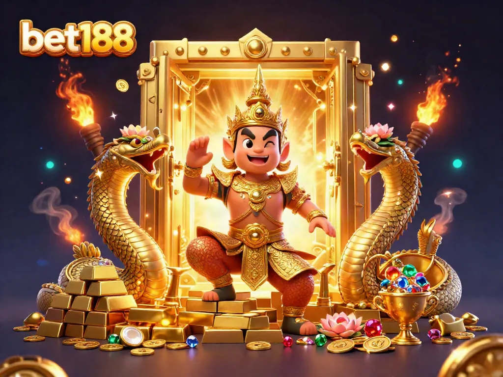 Experience vibrant gameplay with bet188, featuring unique characters and golden treasures in a dynamic casino scene.
