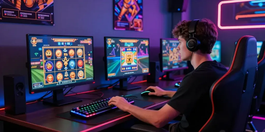 Exciting gaming scene with a player engaged in online slots, showcasing vibrant screens, RGB peripherals, and neon lighting.