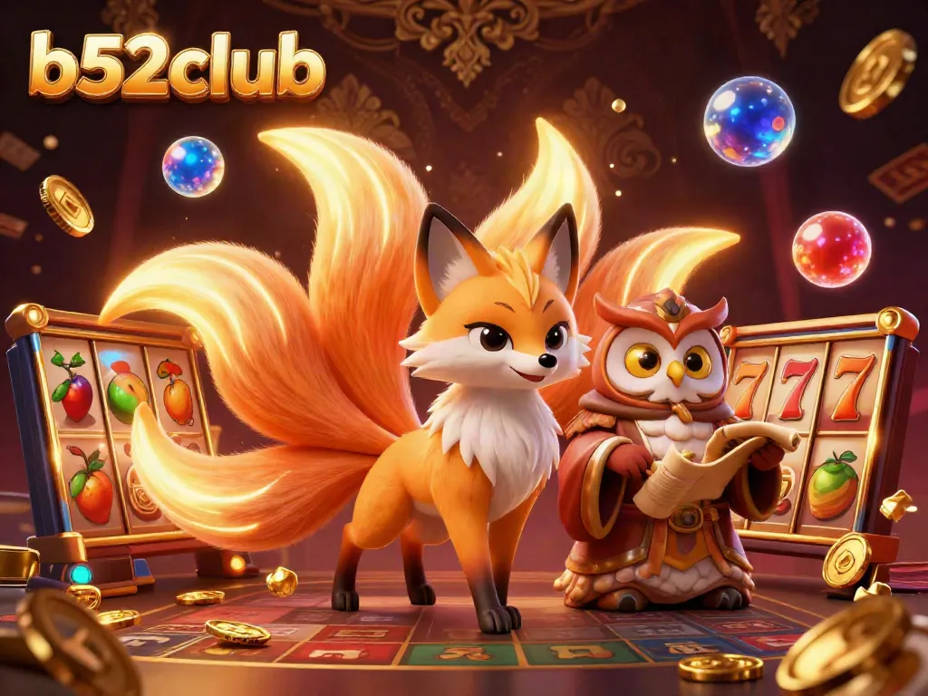 Spin the reels and win big with b52club's thrilling casino scene featuring glowing spirits and slot elements.