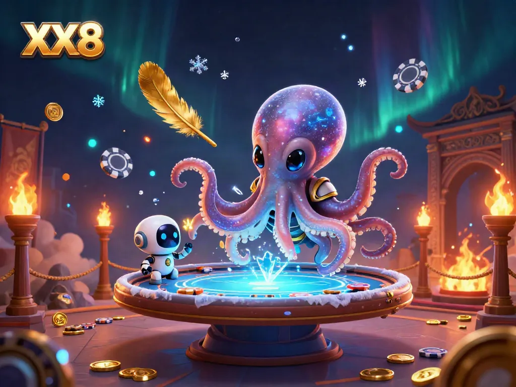 Experience thrilling gameplay with XX8 as a cartoon alien octopus engages in poker at a holographic table surrounded by cosmic elements.