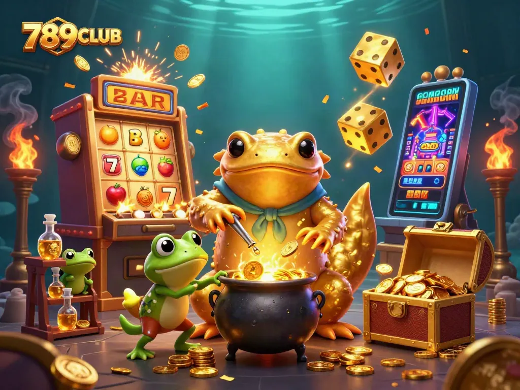 Experience the thrilling casino world of 789CLUB with vibrant golden alchemists and jackpot slots.