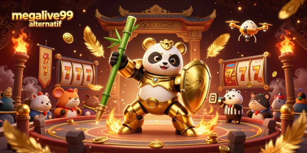 Megalive99 alternatif dengan panda emas 3D dan robot tempur dalam arena judi yang ramai