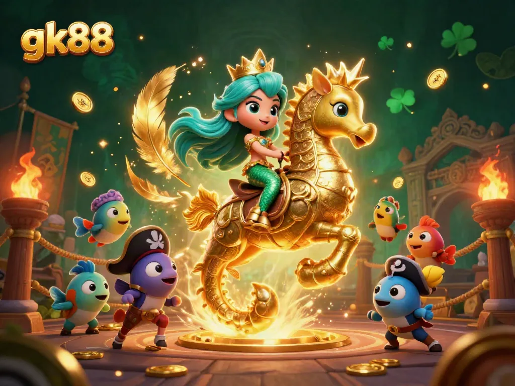 Experience gambling thrills at gk88 with vibrant characters in a thrilling underwater casino scene, showcasing prize elements.