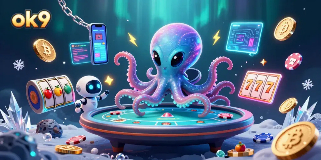 octopus managing a poker game with asteroid chips for ok9 players' ultimate fun